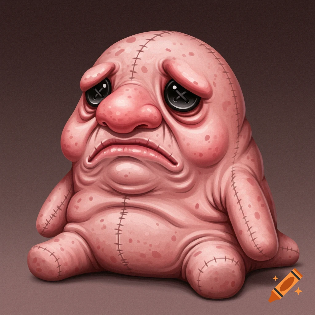 A sad, pink, stitched plush creature with button eyes sits.