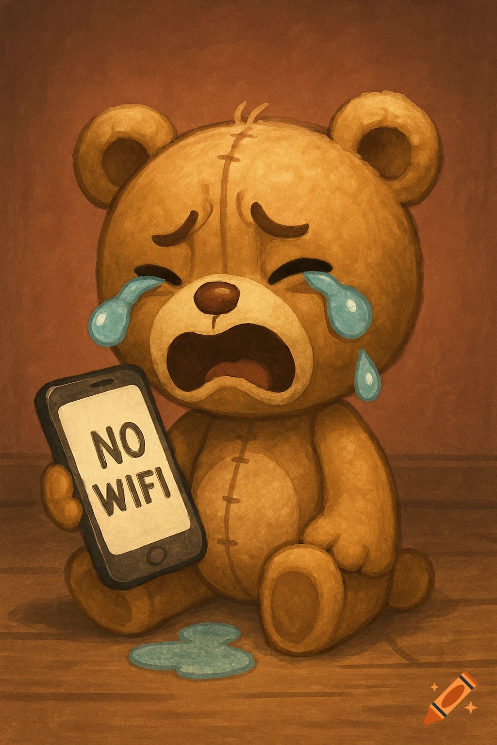 A crying teddy bear sits holding a smartphone that reads 'NO WIFI'.