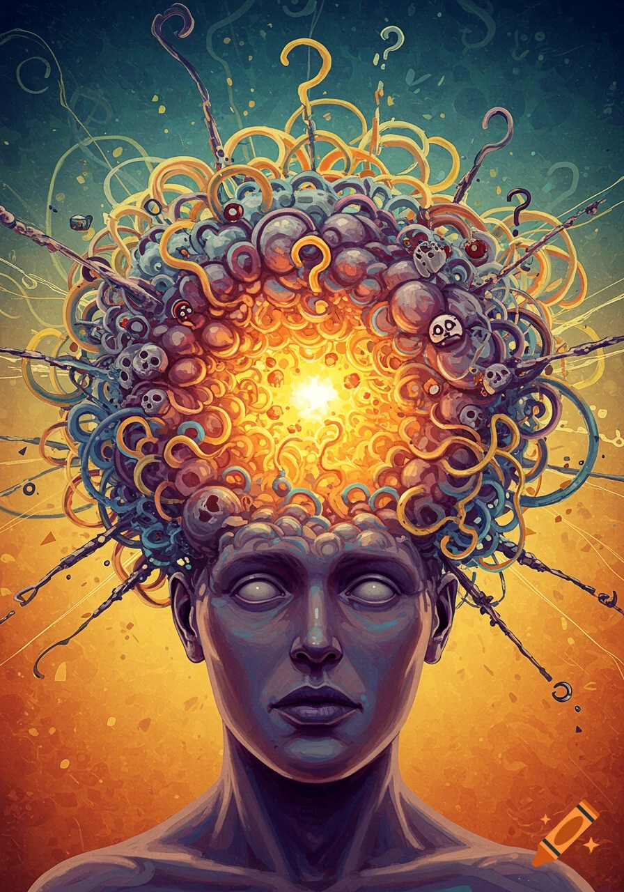 Surreal illustration of a person's head with an abstract, explosive mass of question marks, skulls, and wires coming out of the brain.