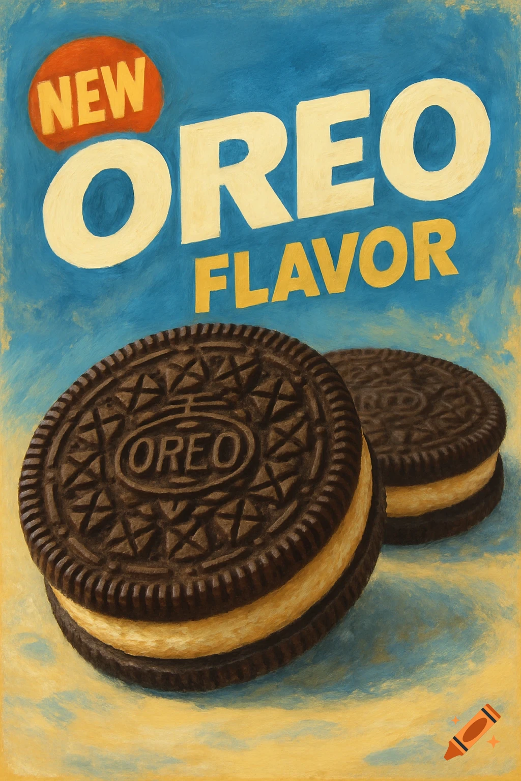Painterly style image of two Oreo cookies with text 'NEW OREO FLAVOR'