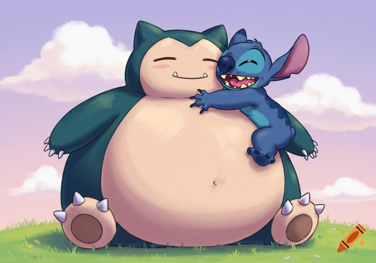 Stitch hugging Snorlax in a grassy field