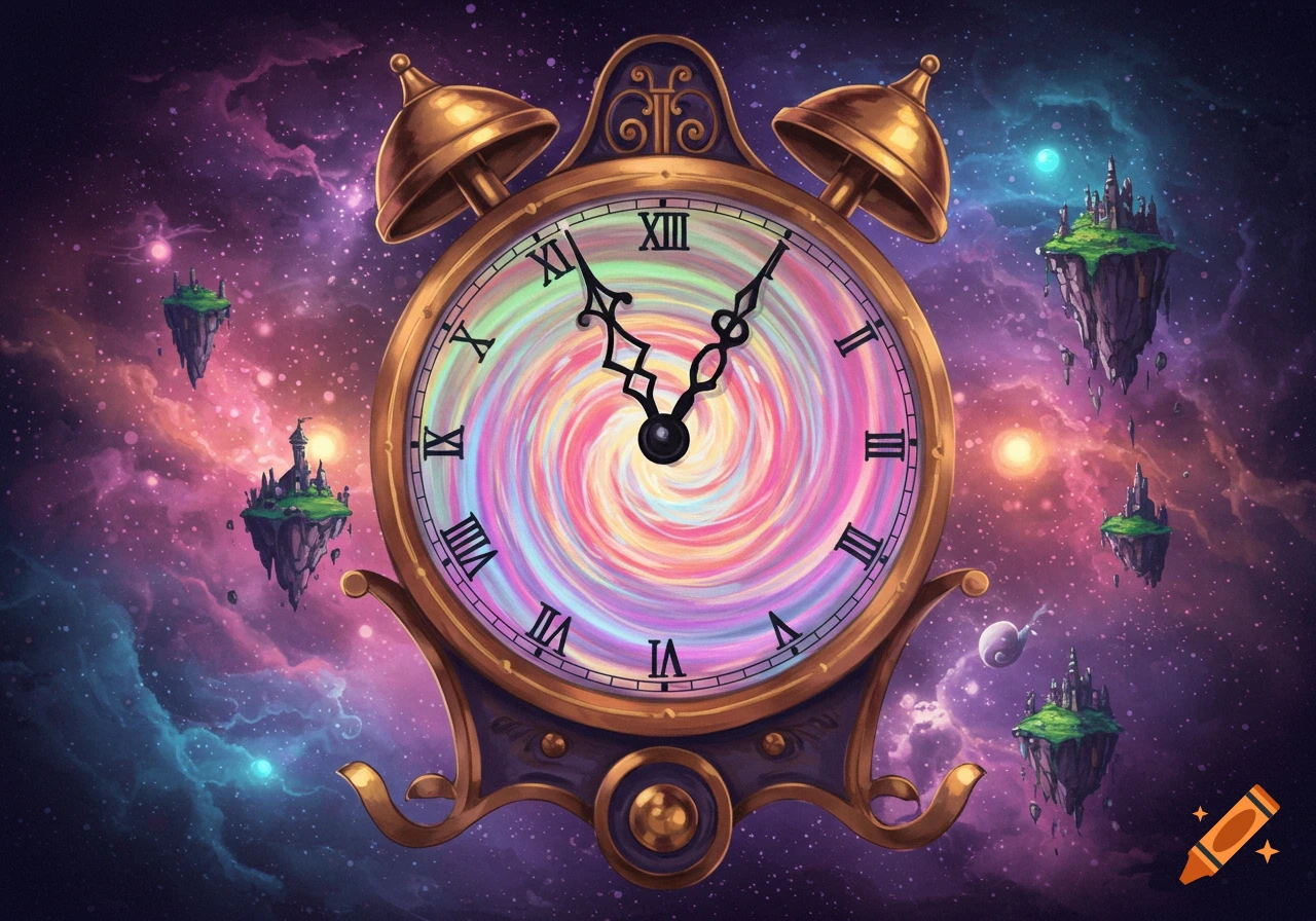 Fantasy clock with a swirling, colorful face in space surrounded by floating islands.