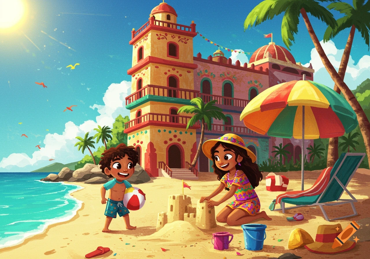 Illustrated scene of a boy and girl building a sandcastle on a sunny beach with a colorful building.