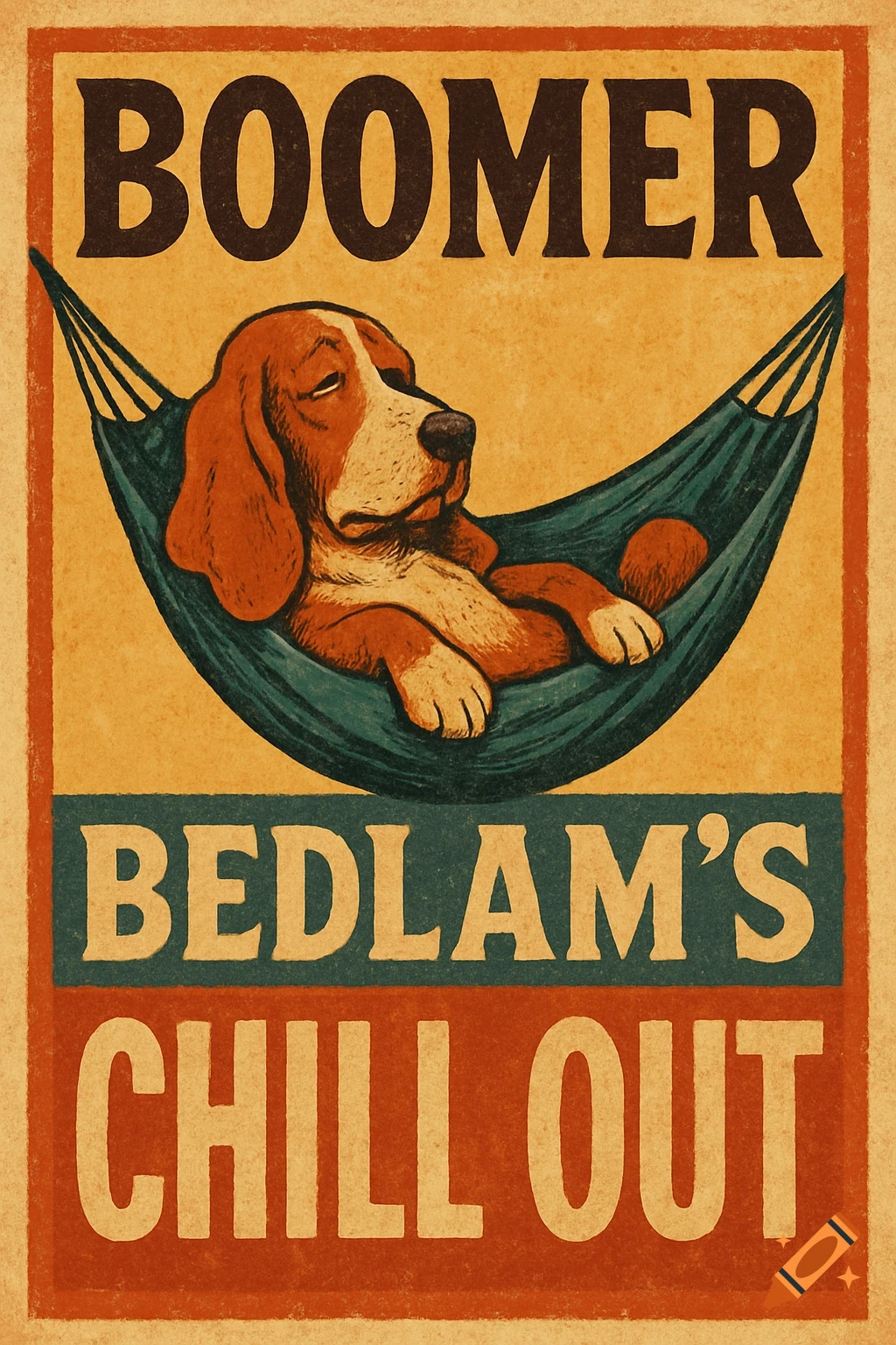 Vintage poster of a beagle dog relaxing in a hammock, with text BOOMER BEDLAM'S CHILL OUT.