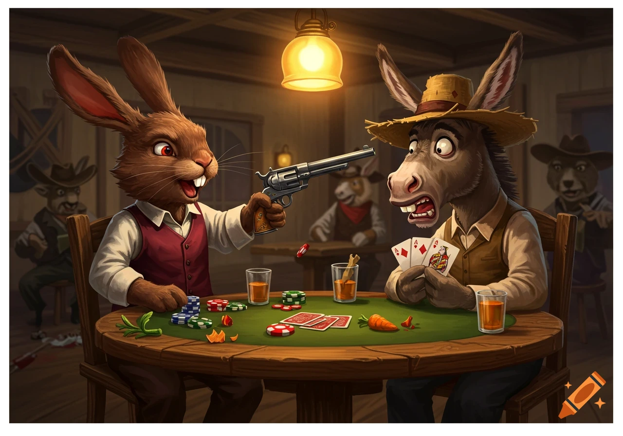 Cartoon of a rabbit pointing a gun at a scared donkey during a poker game in a saloon.