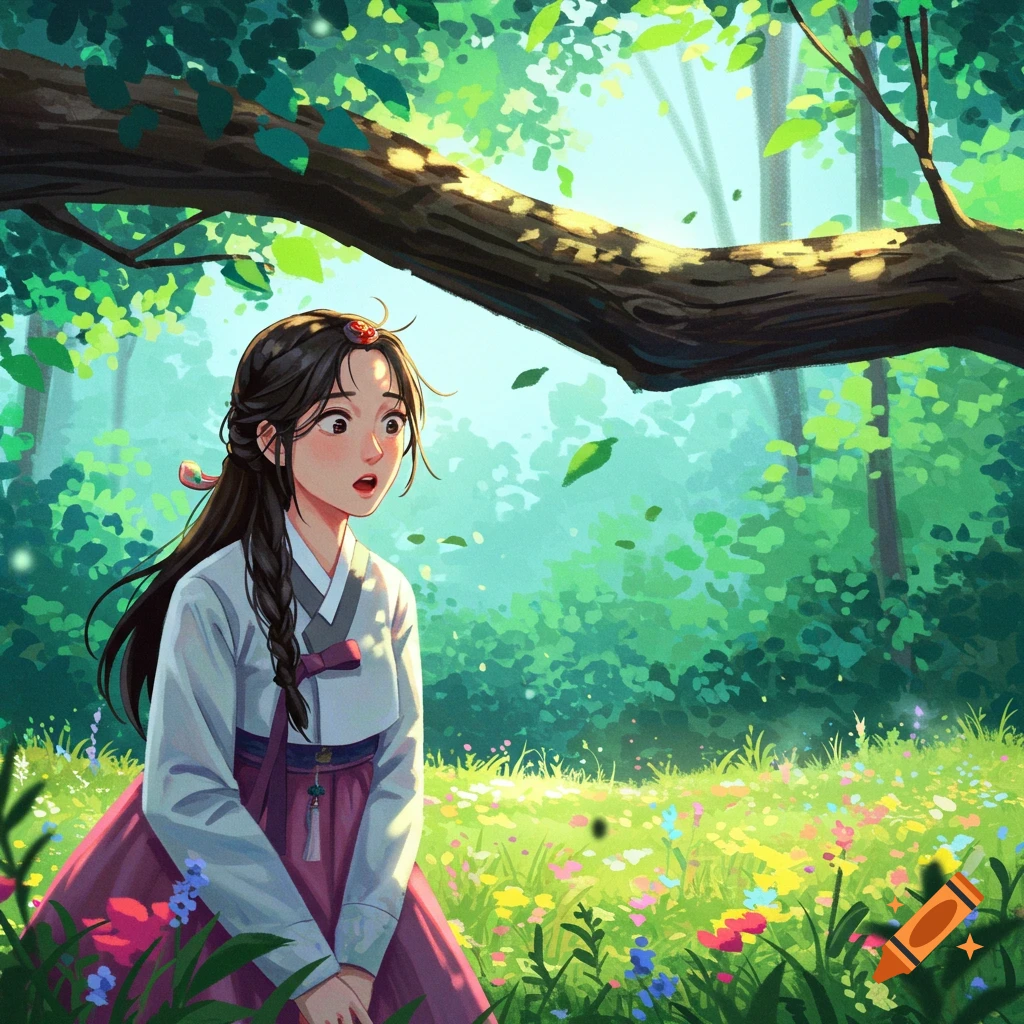 Illustrative image of a Korean woman in a Hanbok looking surprised in a sunlit forest.