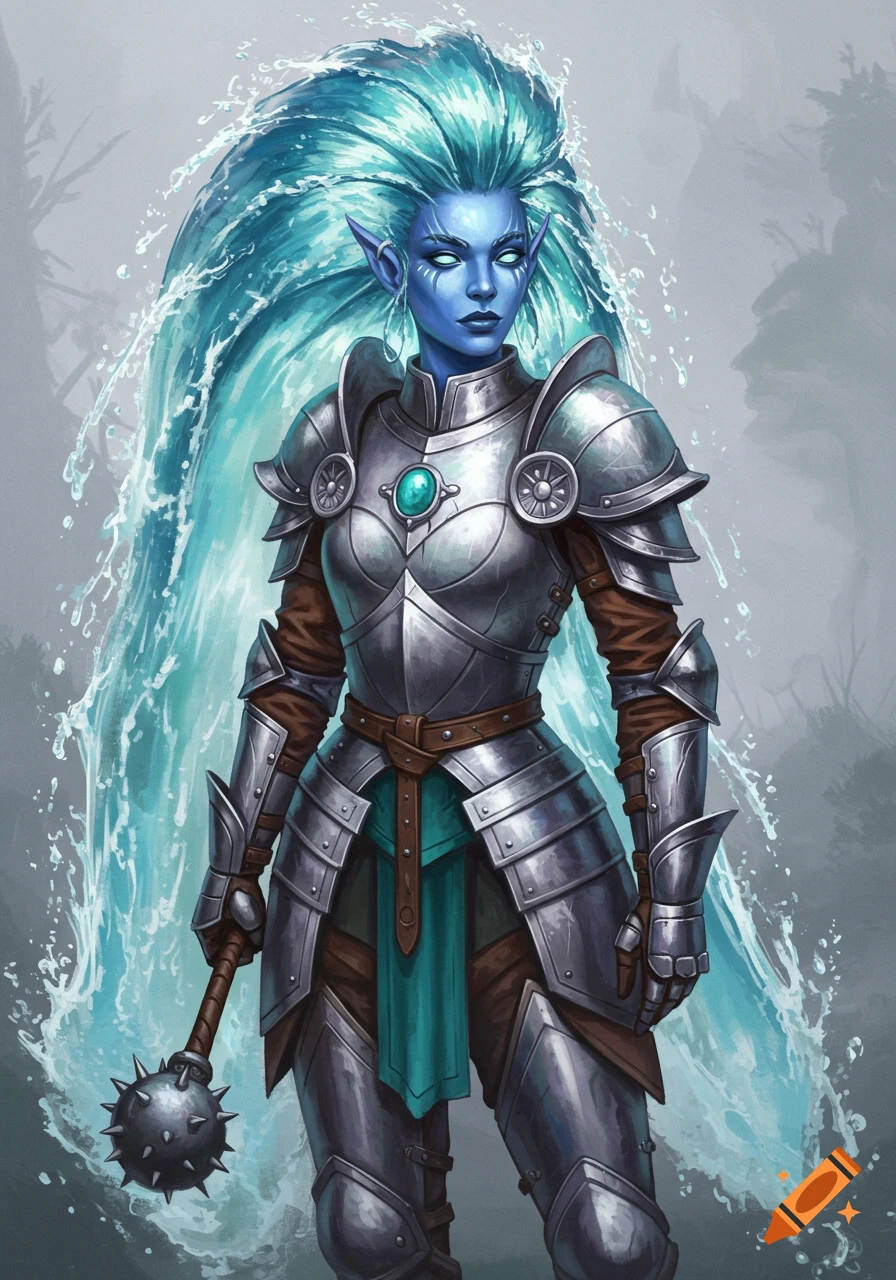 Fantasy art of a blue-skinned woman with flowing water for hair, wearing silver armor and holding a mace.