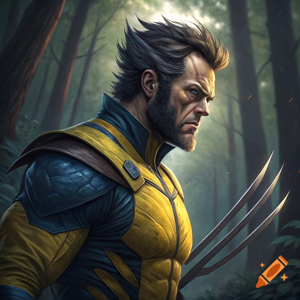 Digital art portrait of Wolverine in a forest.