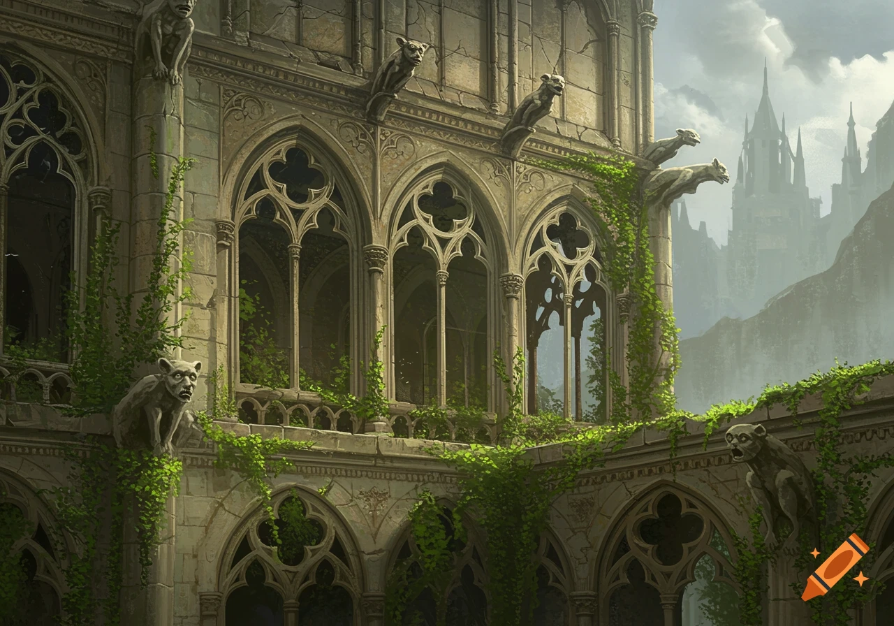 Ancient ruined Gothic building with gargoyles and vines against a misty landscape.