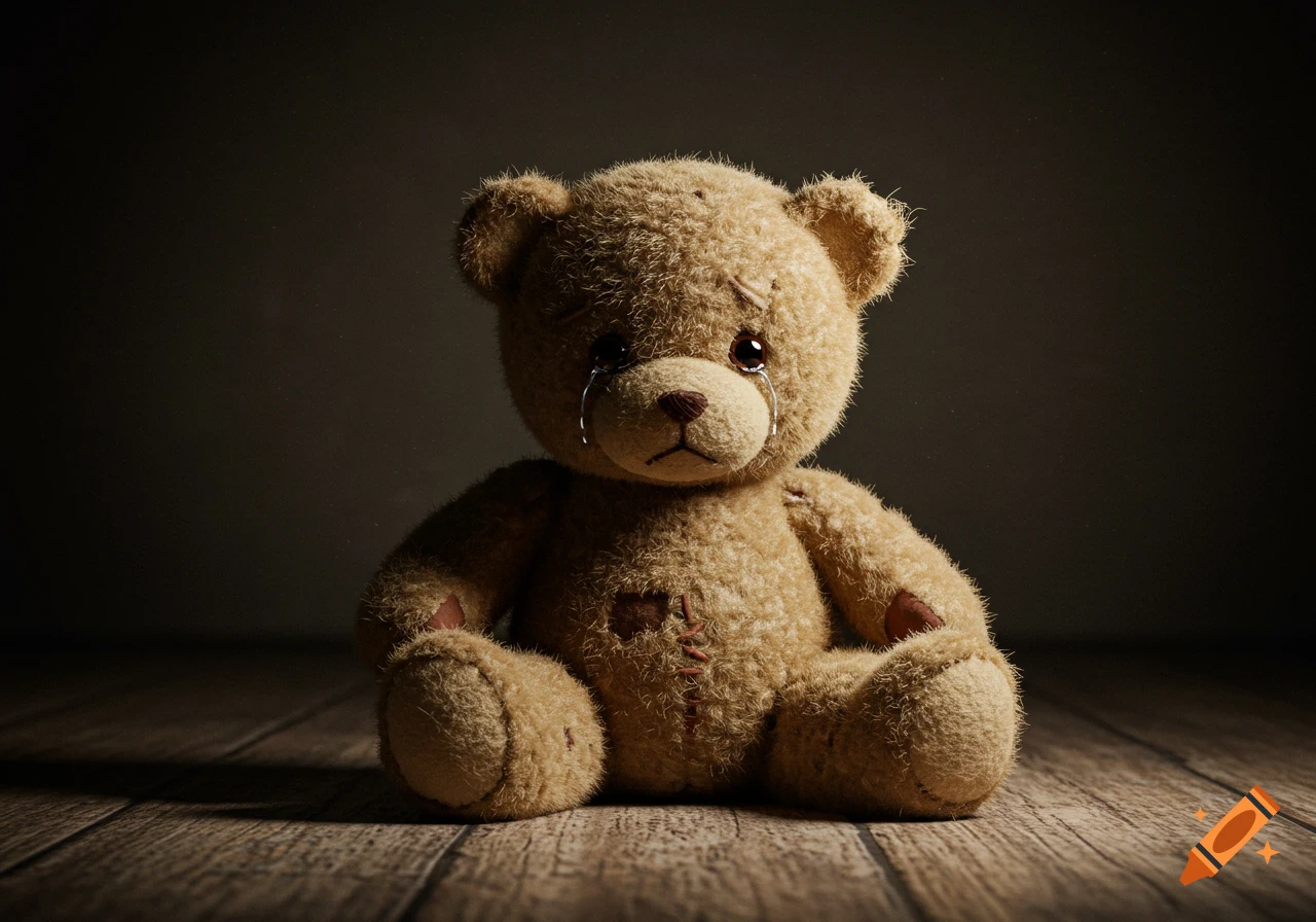 A sad, crying teddy bear sits alone on a wooden floor in a dimly lit room.