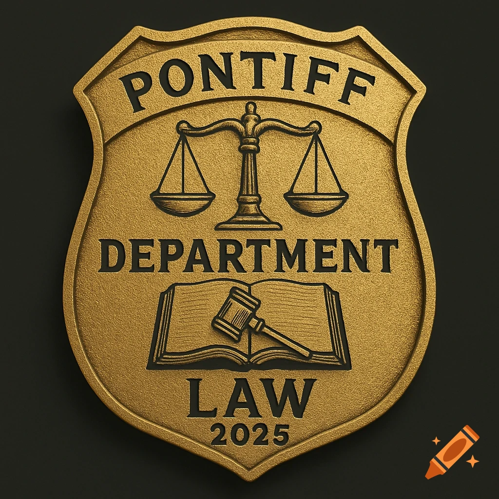 A gold badge with scales of justice, a book, gavel, and text.