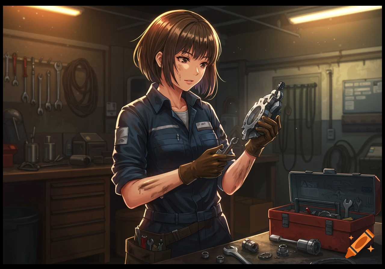 Anime character as a mechanic holding a wrench and car part in a workshop.