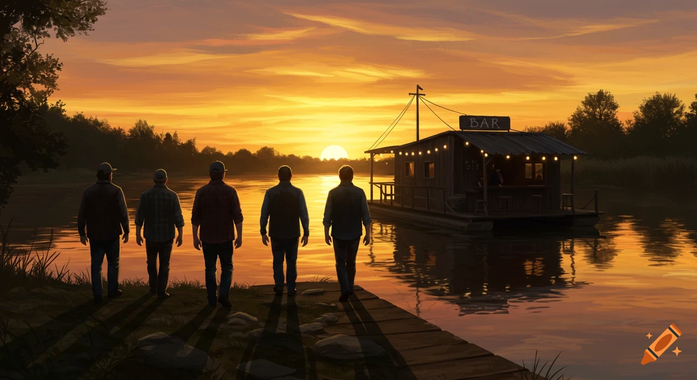 Five men walk towards a floating bar on a river at sunset, digital art.