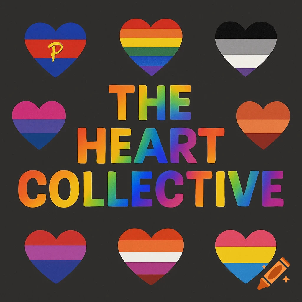 Rainbow text 'THE HEART COLLECTIVE' surrounded by hearts with LGBTQ+ pride flags on a dark background