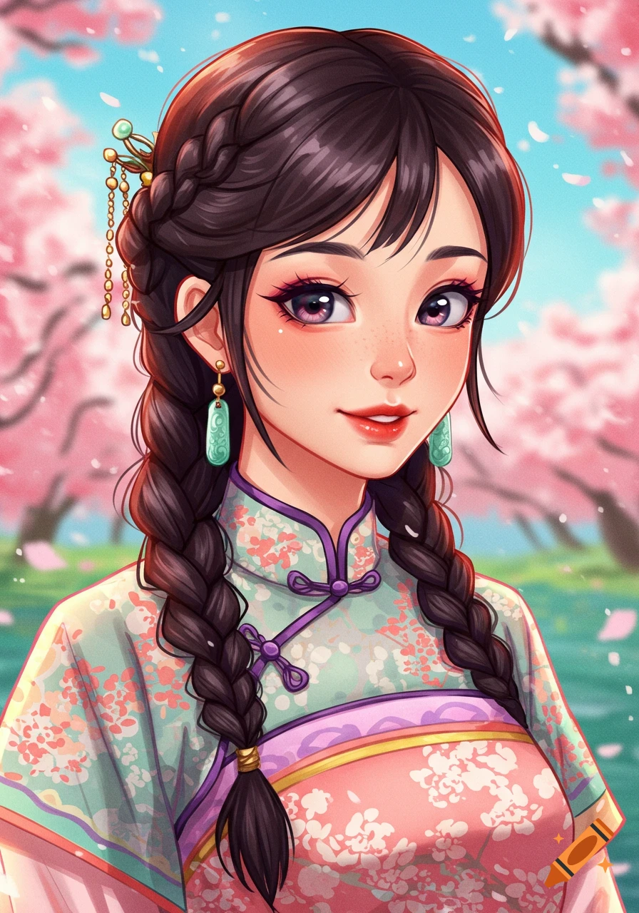 Stylized portrait of a young woman with braided hair in traditional clothing among cherry blossoms.