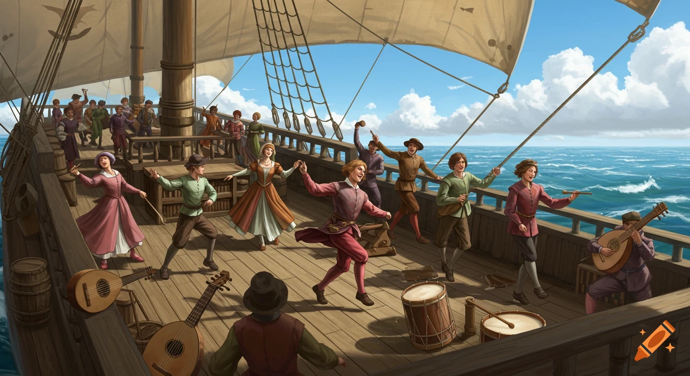 People dance and play music on a historical ship at sea.