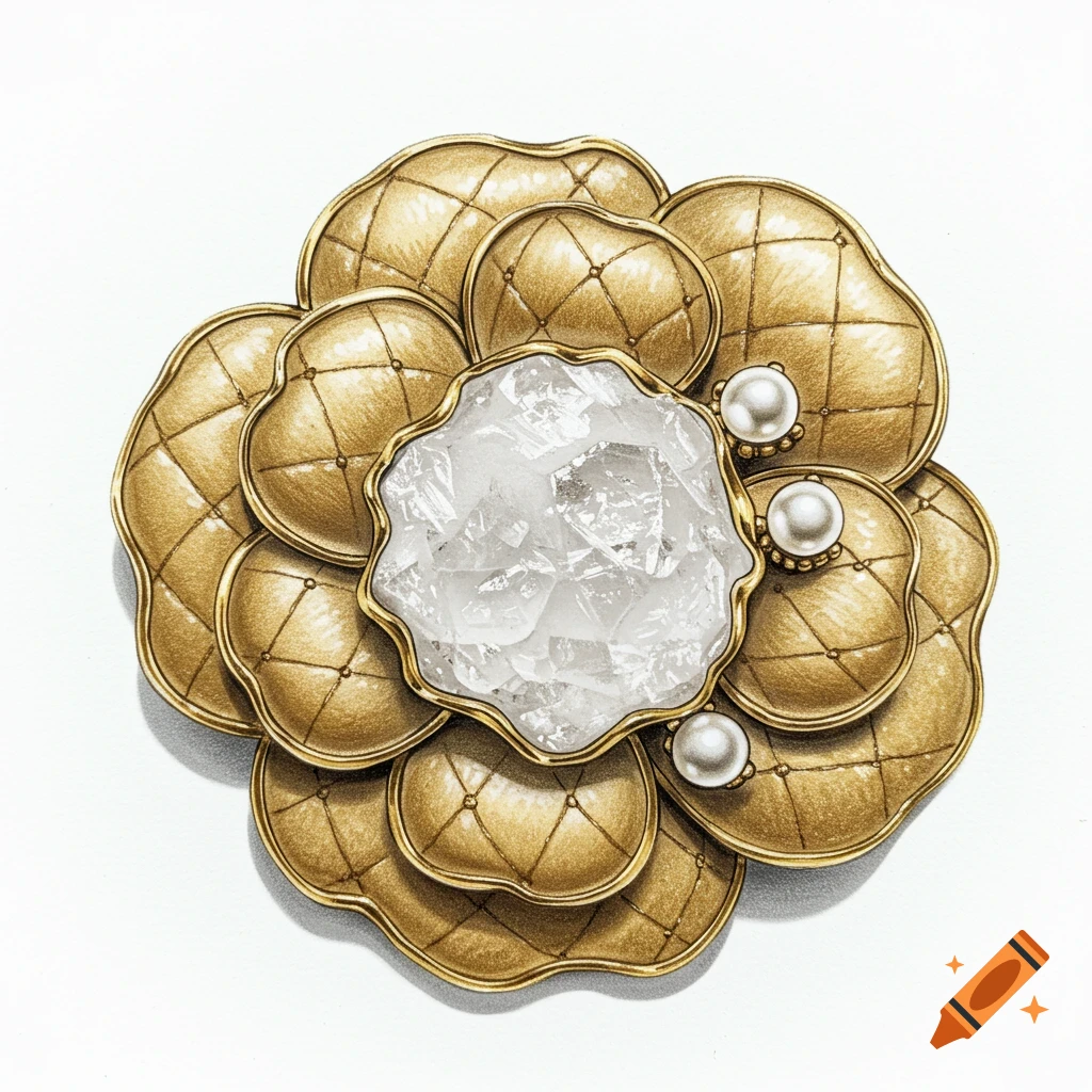Pencil sketch of a gold quilted camellia brooch with a crystal center and pearls