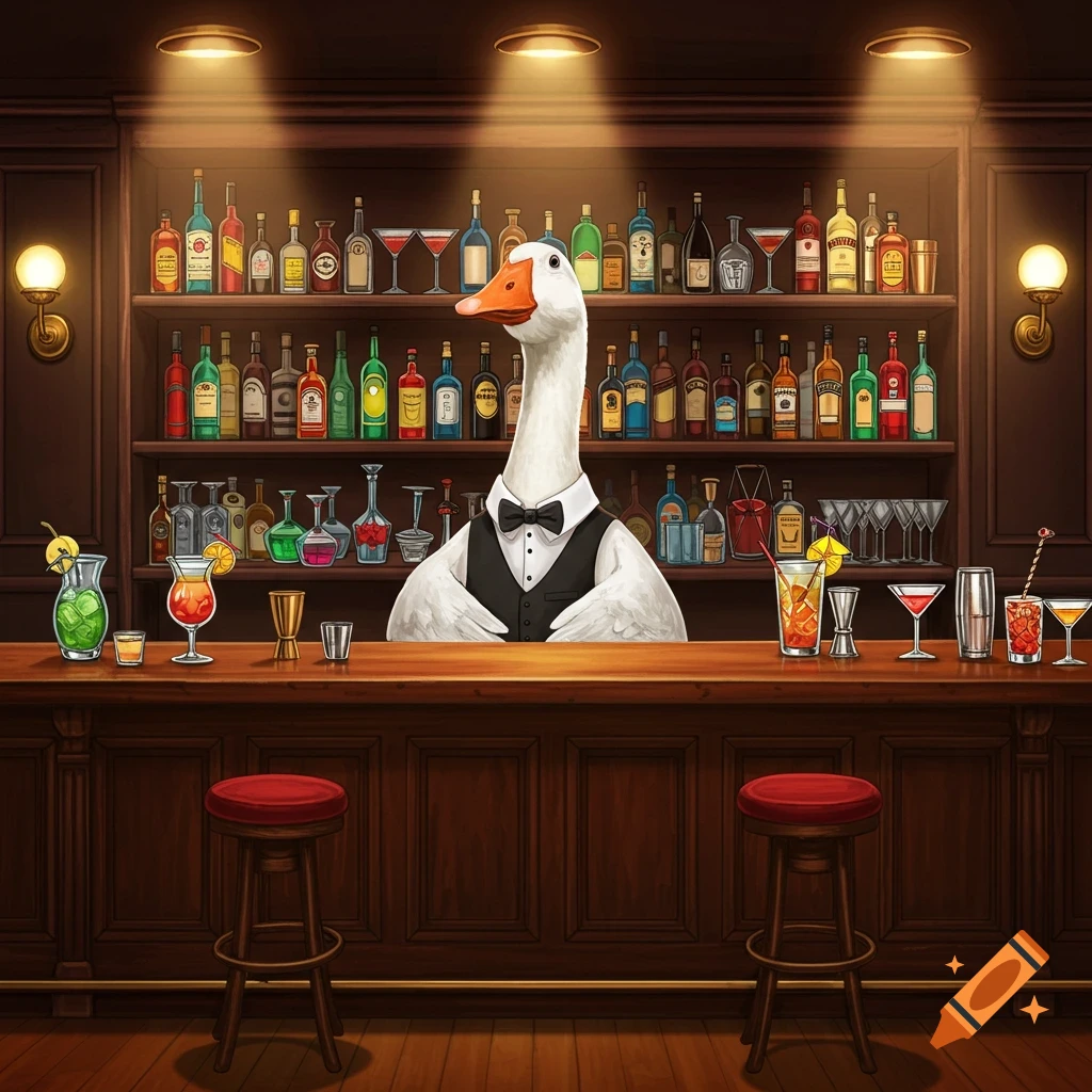 A goose bartender wearing a vest and bow tie stands behind a bar filled with bottles.