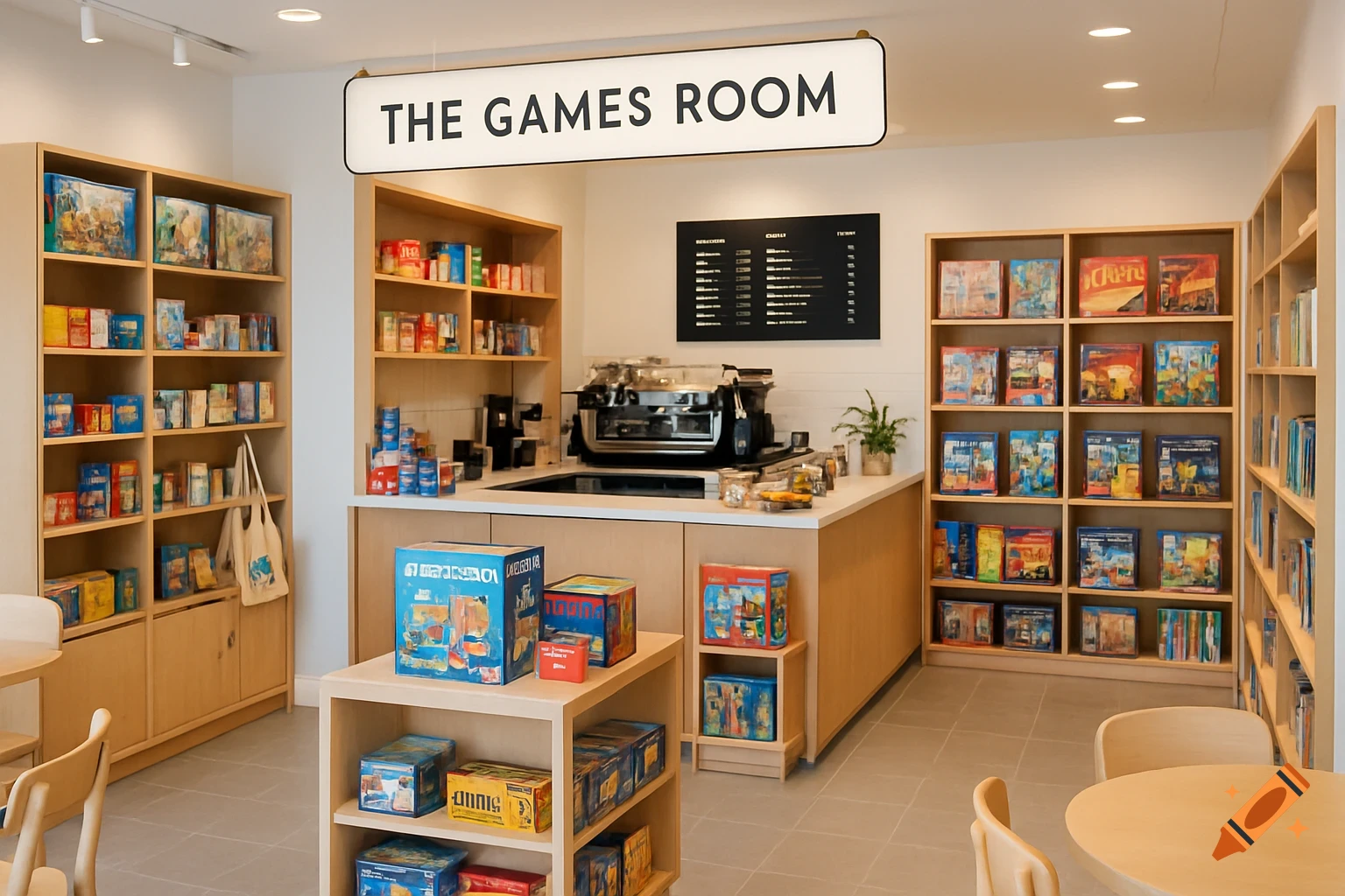 Bright, modern interior of a games room cafe and gift shop with shelves of board games and a counter area.