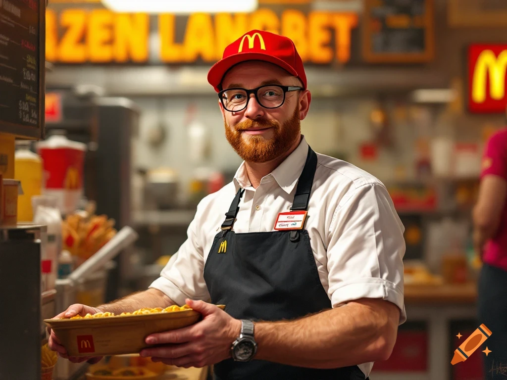 A man resembling Adam Bandt in a McDonald's uniform holds a tray of fries in a restaurant.