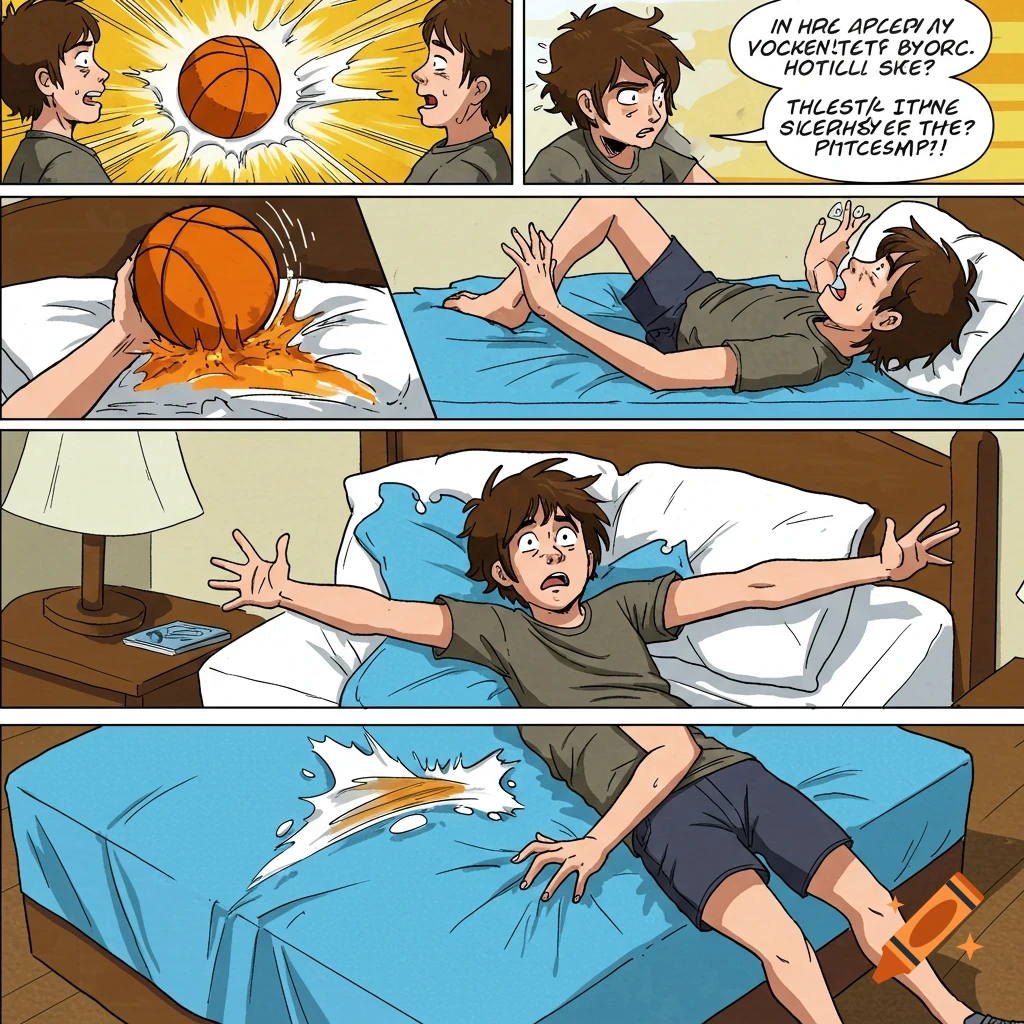 Comic strip of a boy dreaming of vomiting a basketball, waking up to a mess on his bed.