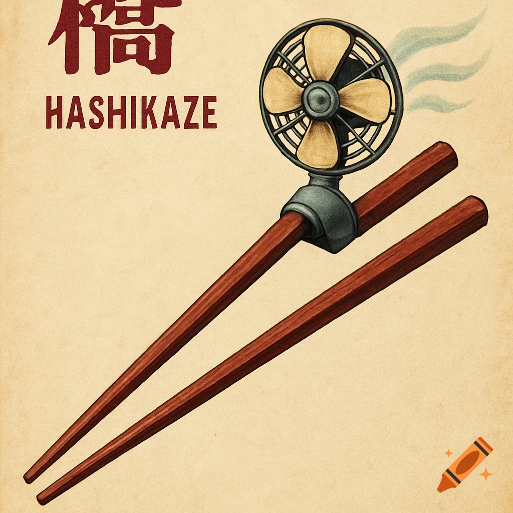 Illustration of chopsticks with a small fan attached, above the word HASHIKAZE and Japanese text.