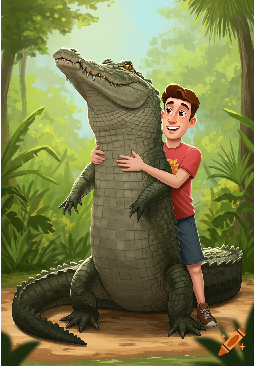 Illustration of a boy hugging a large alligator in a jungle.
