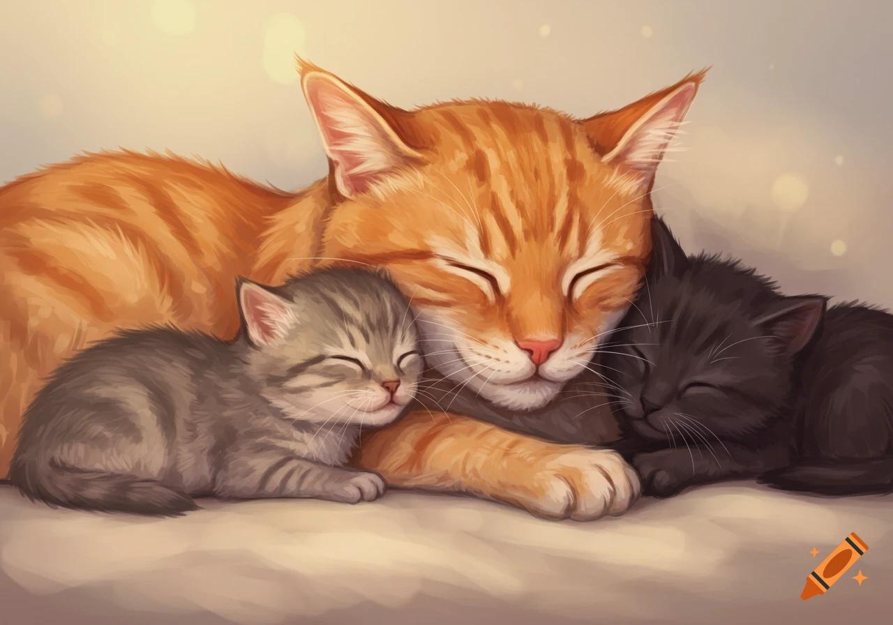An orange mother cat cuddles two sleeping kittens, one gray and one black. Digital painting.