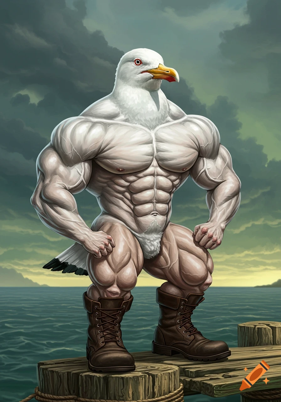 Muscular seagull wearing boots stands on a dock