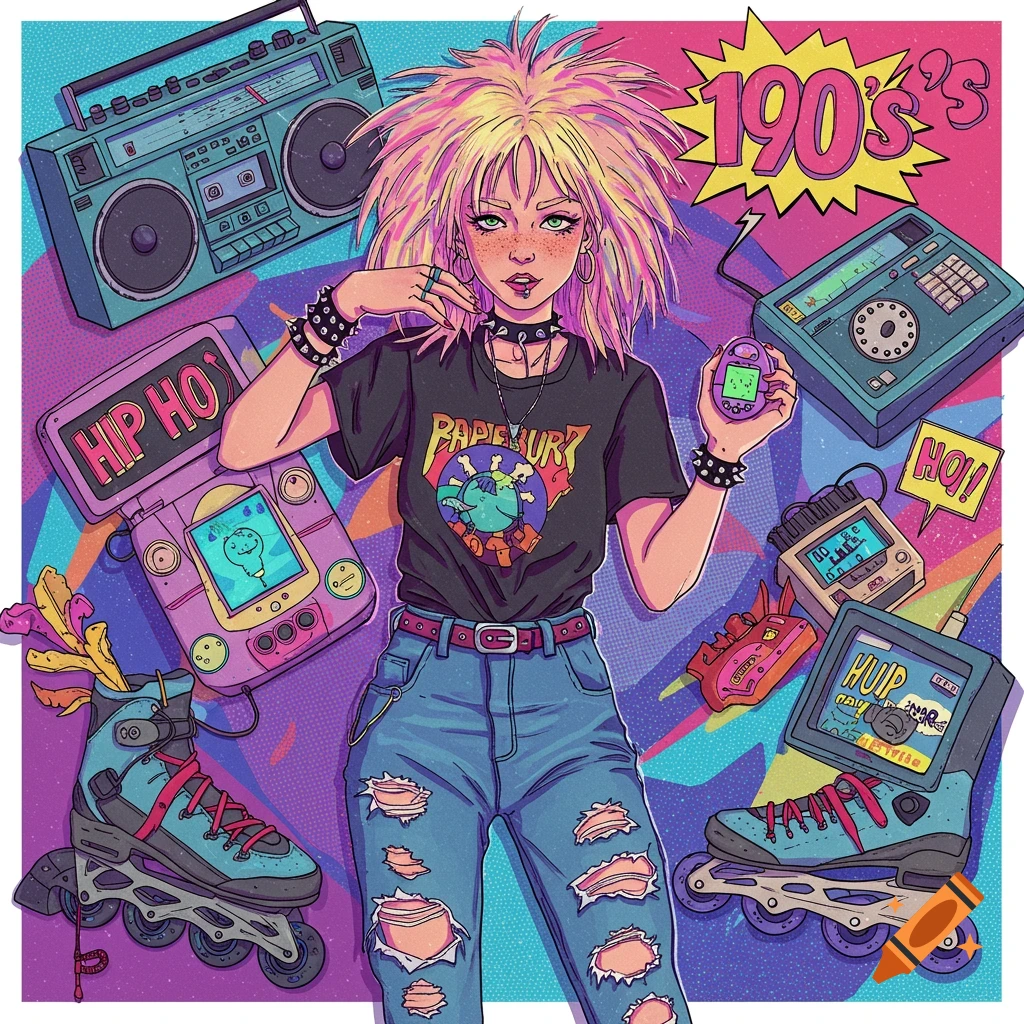 Illustration of a woman in 90s fashion with a boombox, rollerblades, pager, and other 90s items.