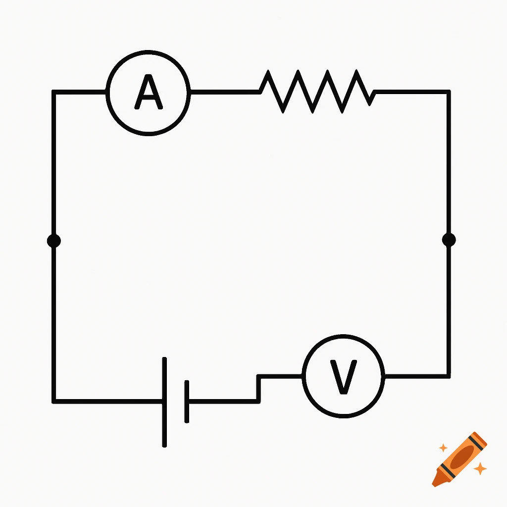 A simple electric circuit diagram showing a battery, resistor, ammeter, and voltmeter.