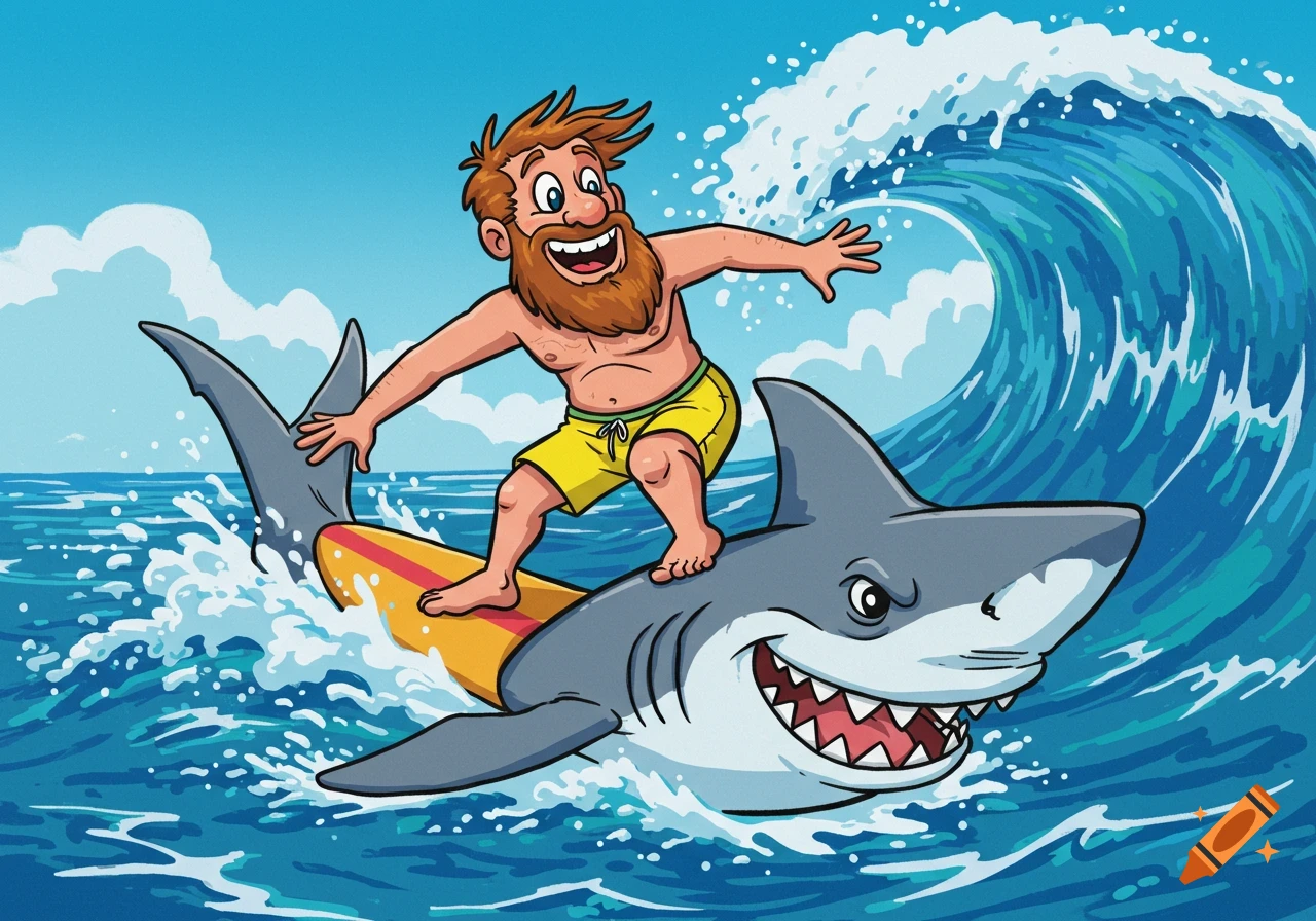 Cartoon of a bearded man surfing on the back of a great white shark in the ocean.