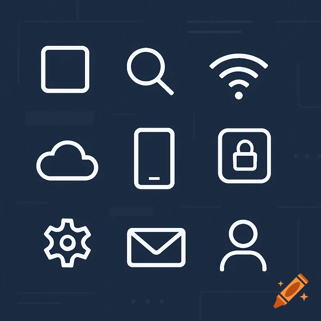 A grid of white minimalist tech icons on a dark blue background.