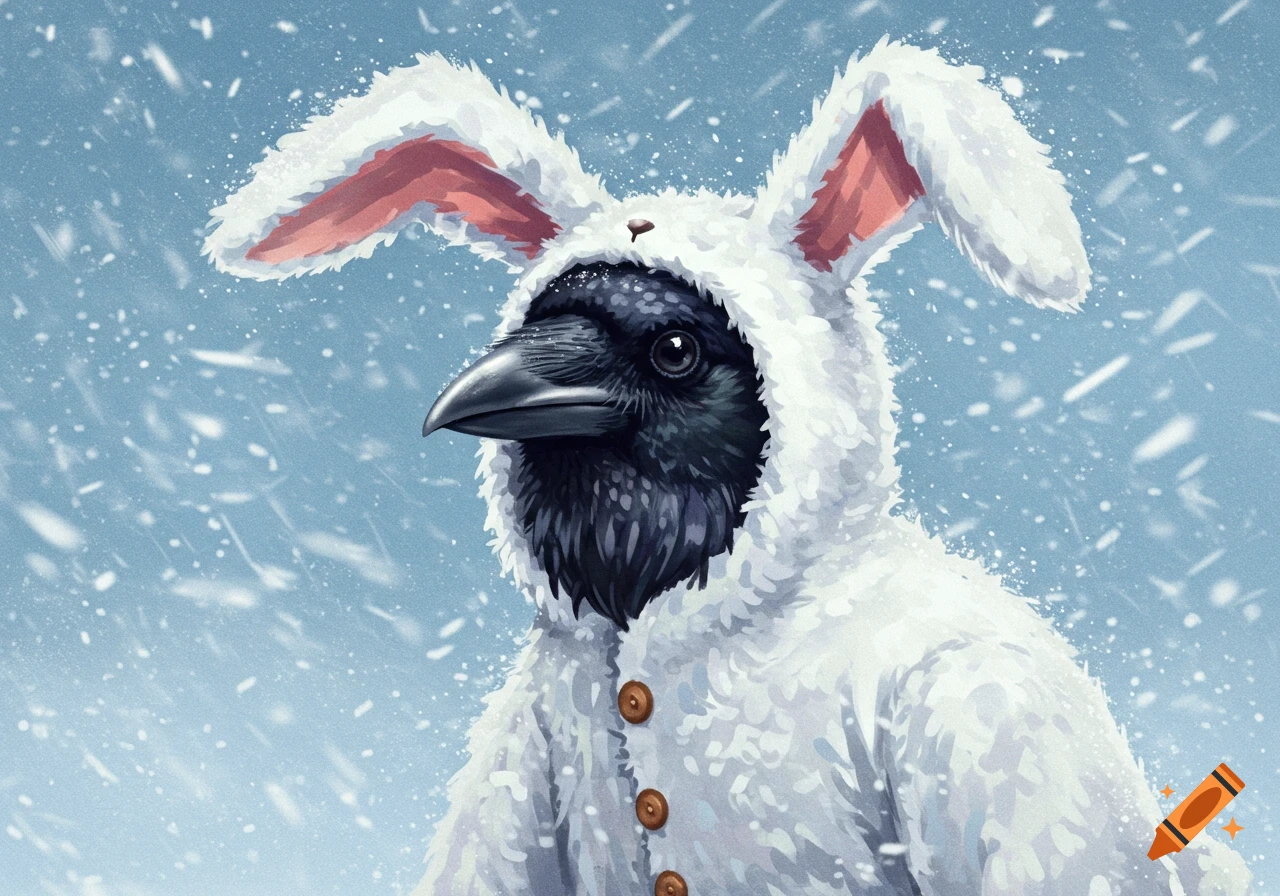 A raven wearing a white bunny suit stands in a blizzard.