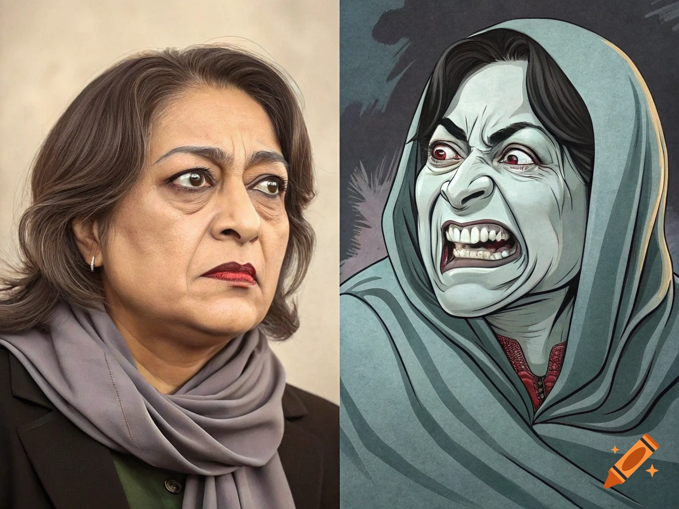 Split image showing a photorealistic portrait of a woman on the left and a cartoon grimace on the right.