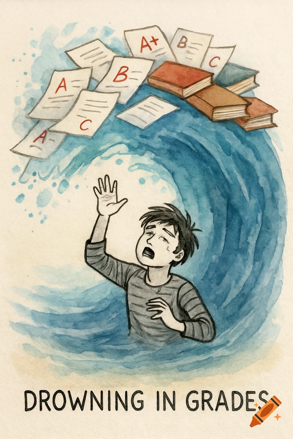 Cartoon illustration of a boy drowning in a wave of school papers and books, with the text "DROWNING IN GRADES".