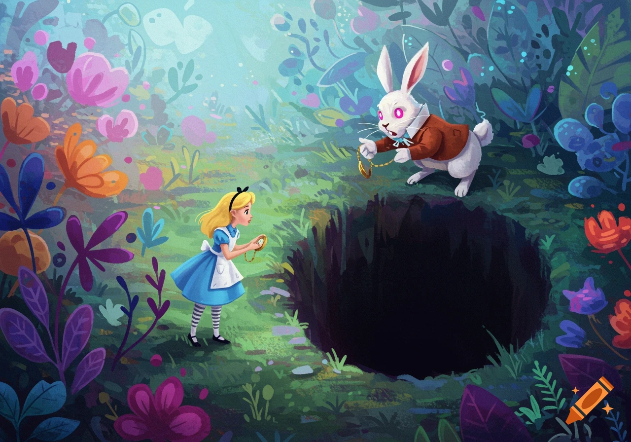 A stylized illustration of Alice and the White Rabbit next to a rabbit hole.
