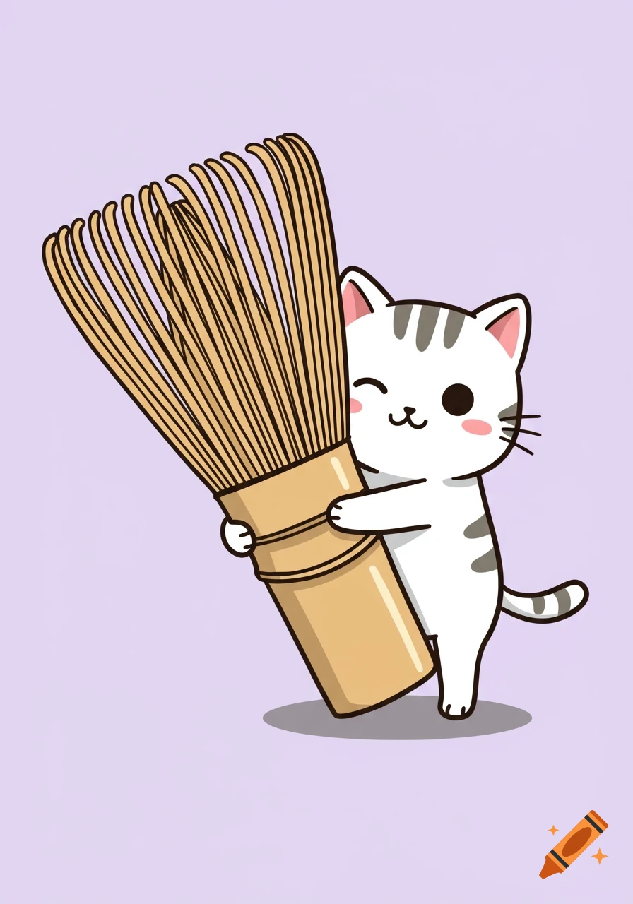 Cute cartoon cat hugging a large matcha whisk.