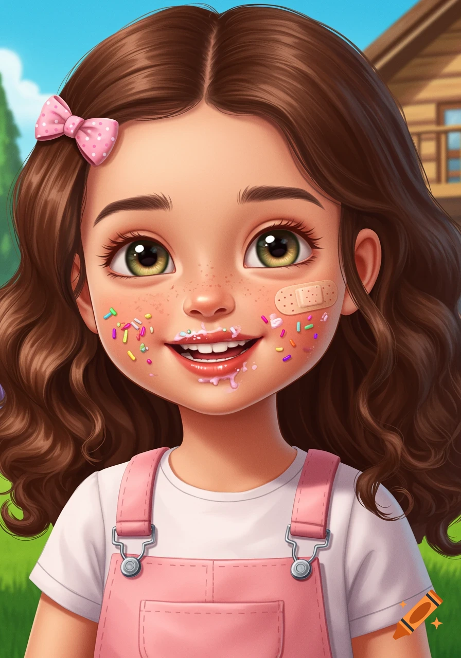Digital illustration of a happy young girl with sprinkles and frosting on her face, wearing pink dungarees and a bandaid.