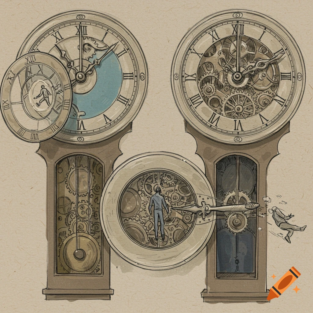 Sketch of three large clocks with intricate gears and small figures interacting with the mechanisms.