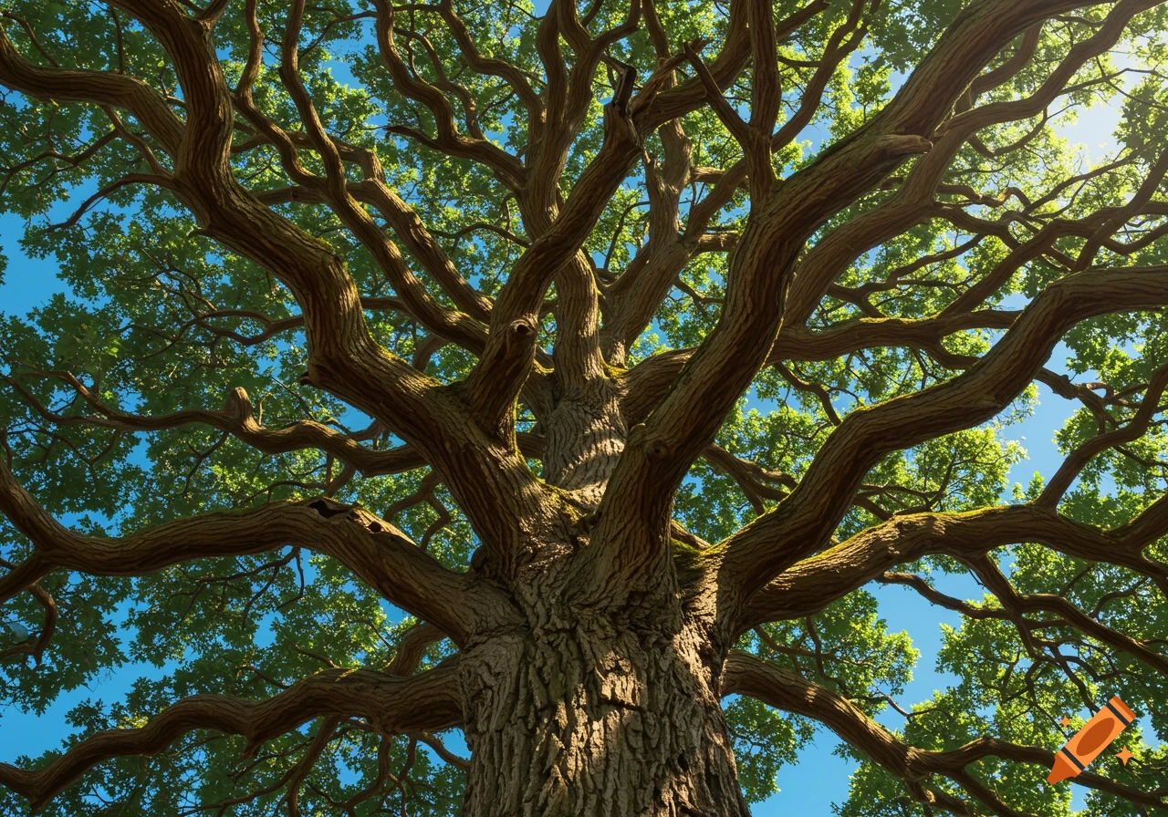 View looking up into the dense branches and green leaves of a large oak tree against a blue sky.