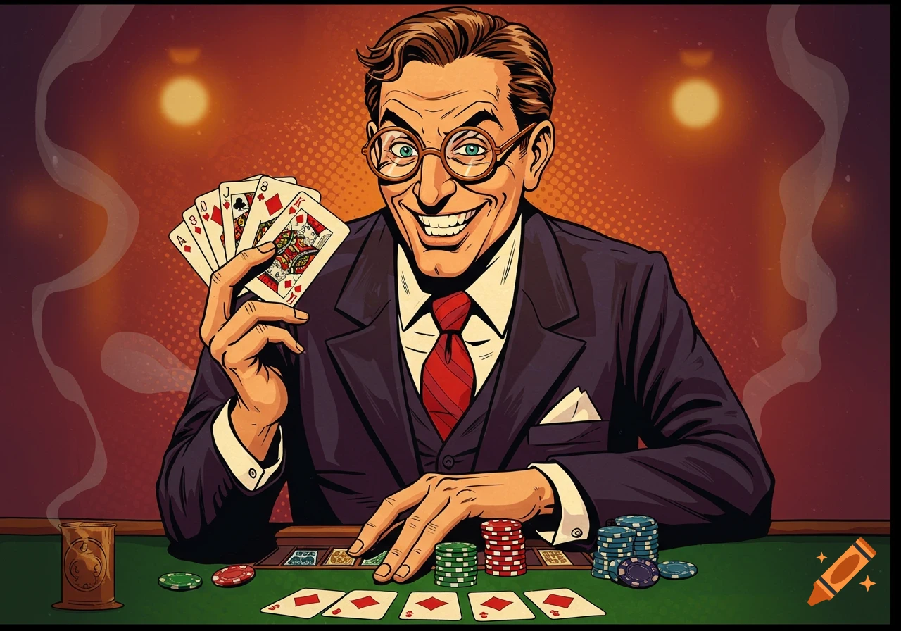 Pop art illustration of a sleazy card dealer in glasses holding poker cards and smiling at the camera.
