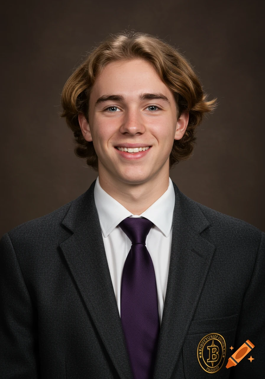 A young man in a dark suit and purple tie smiles for a portrait.