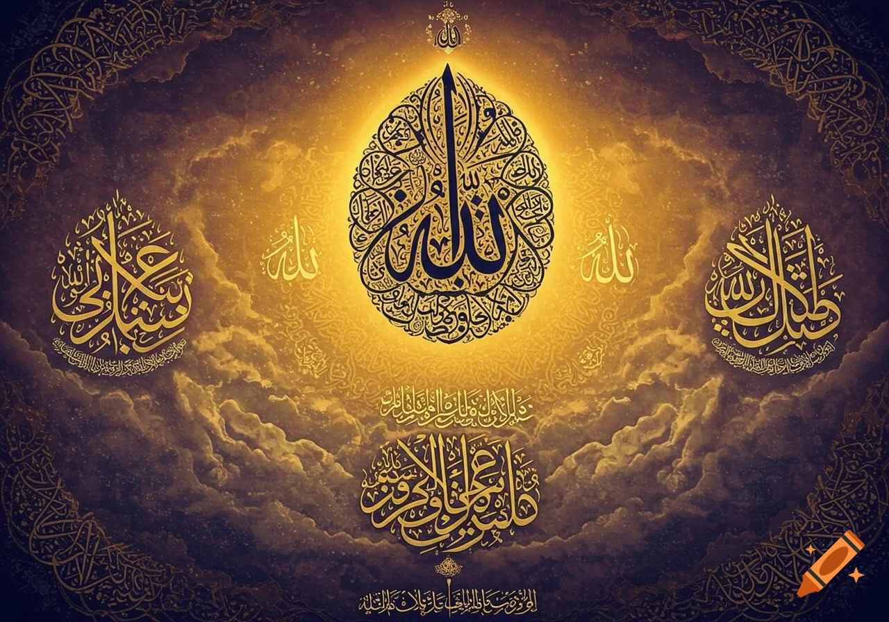 Islamic calligraphy of "Allah" and other religious phrases in gold against a swirling gold and dark background.