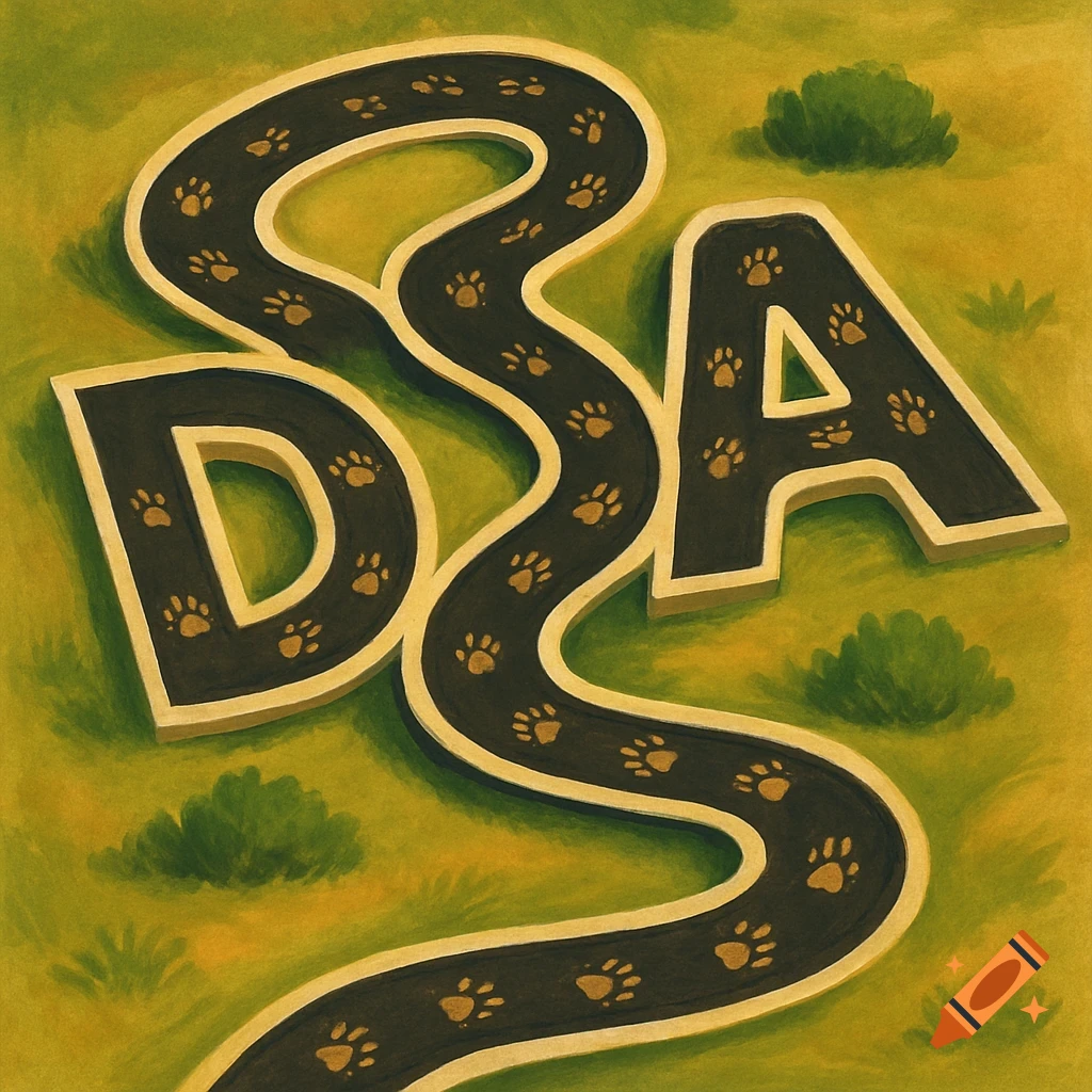 The letters DSA formed by a winding road with paw prints on a green background, illustration style.