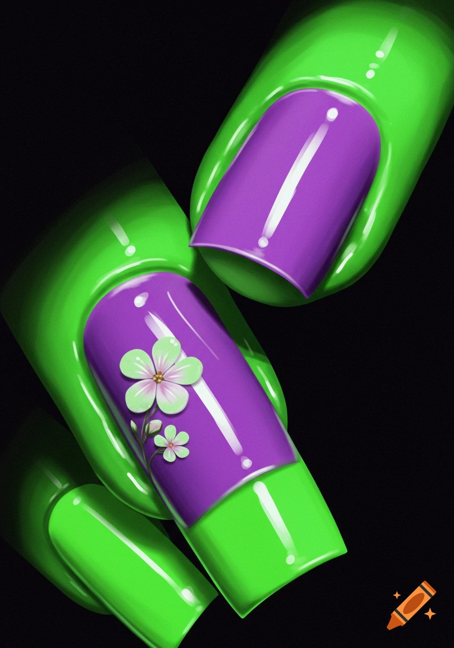 Close-up of neon green and purple fingernails with a flower design.