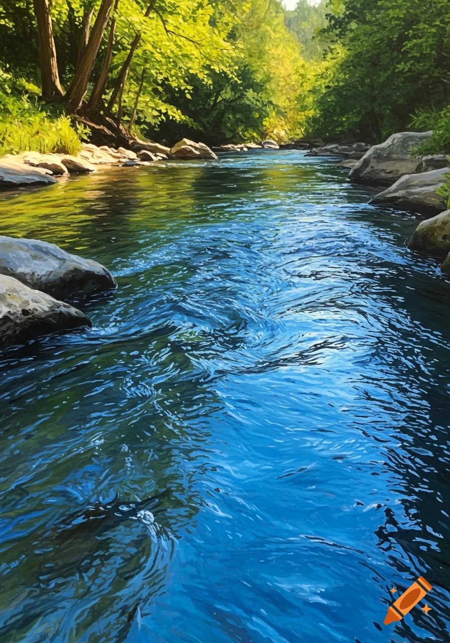 A flowing river with green trees and rocks along the banks, in a painterly style.