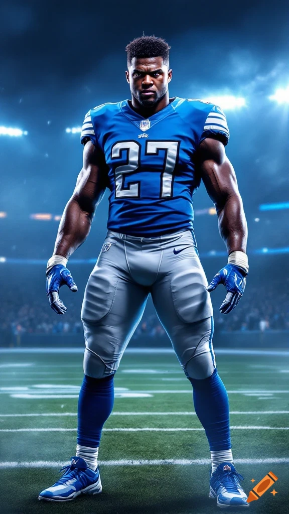 Muscular American football player in blue and silver uniform #27 on a field under stadium lights.
