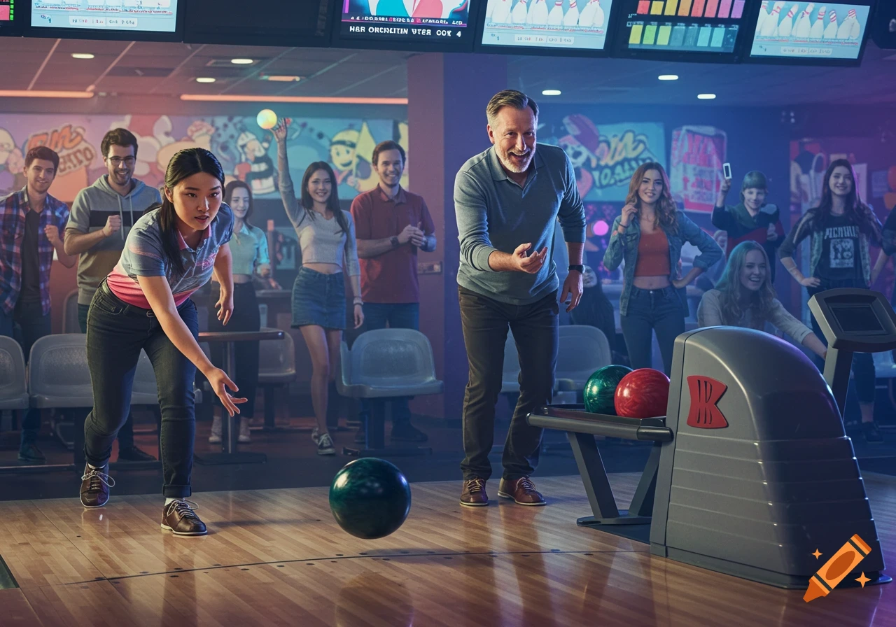 People bowling in a bowling alley