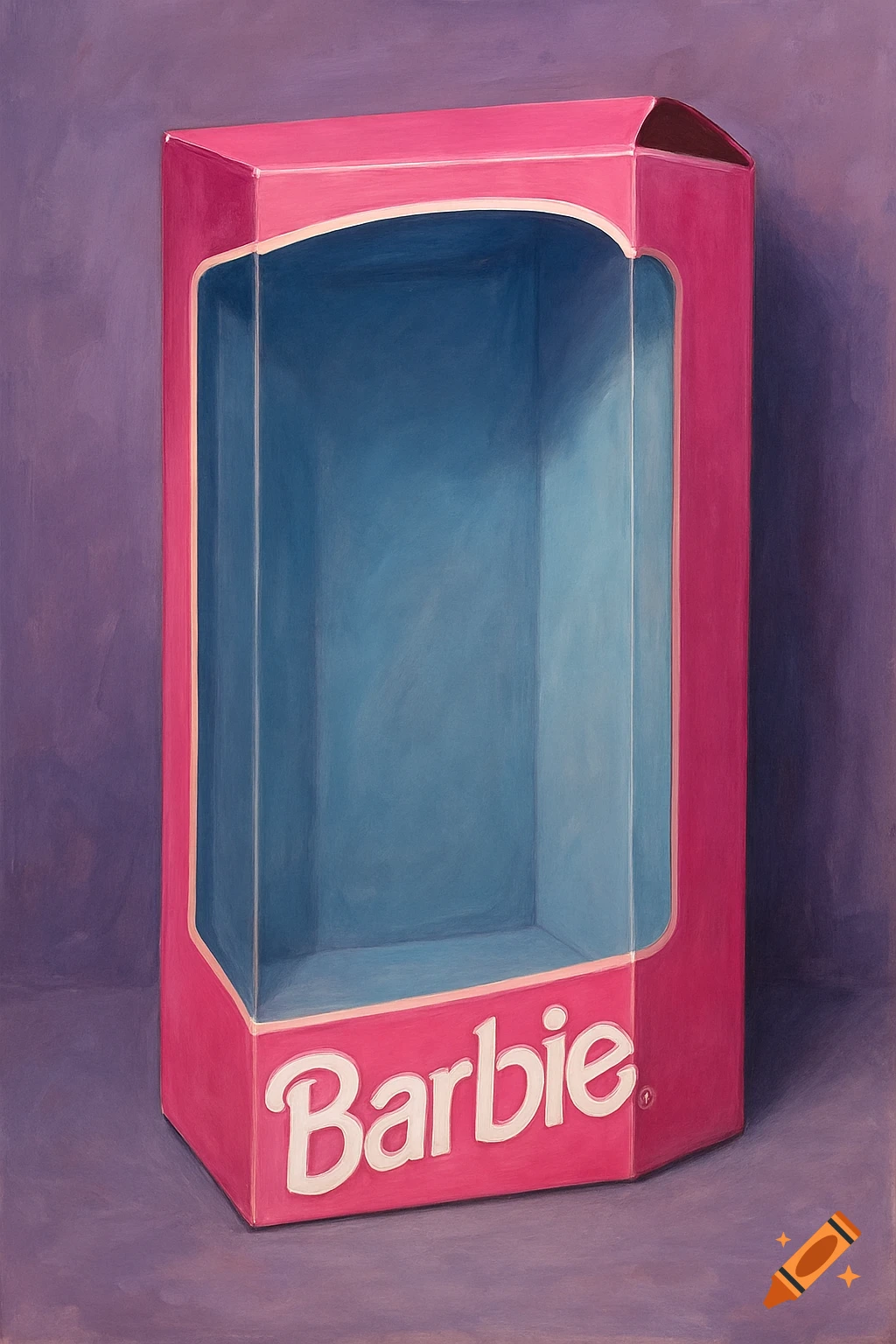 An oil painting of an empty pink Barbie box on a purple background.